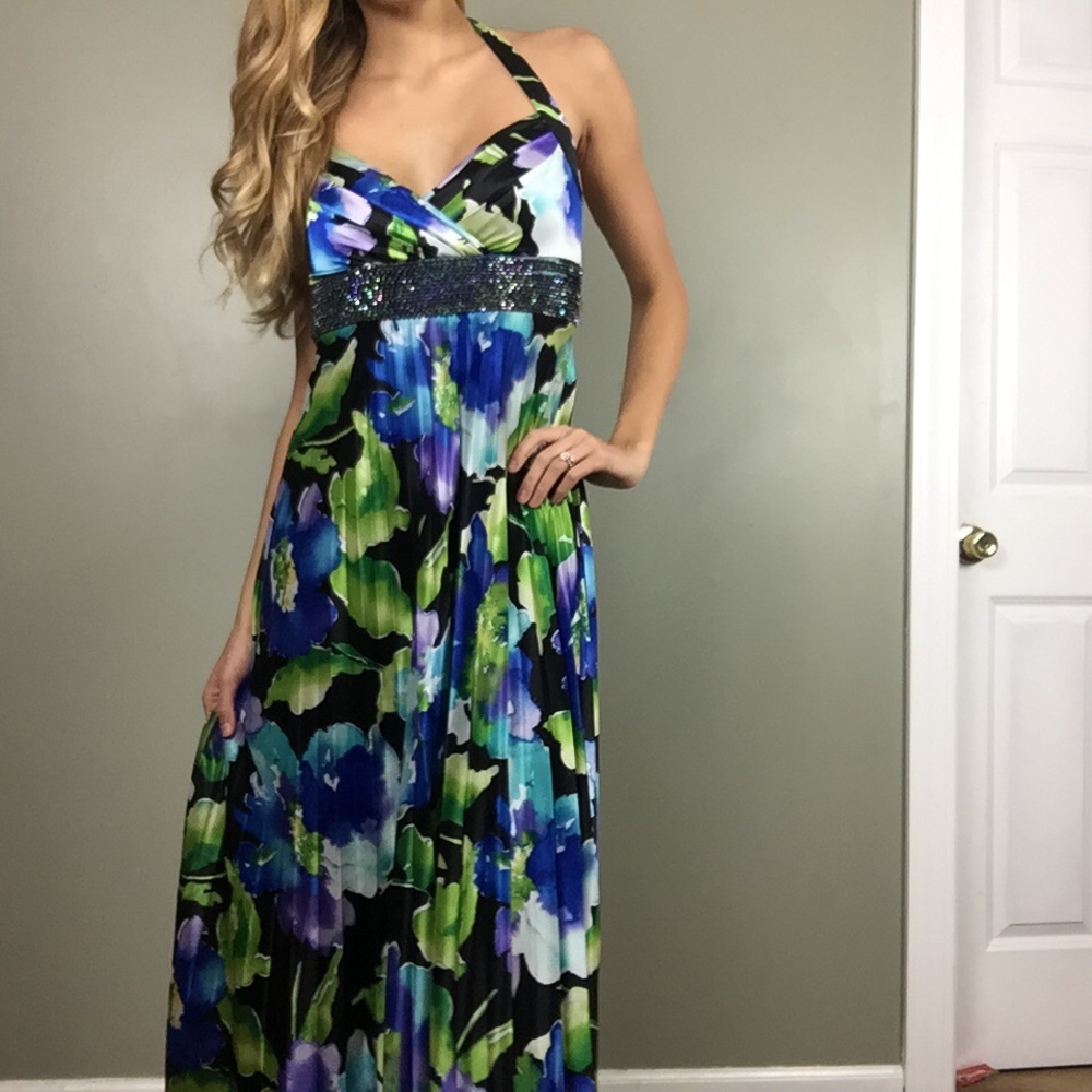 3/$14 Floral long beaded prom gown watercolor small
